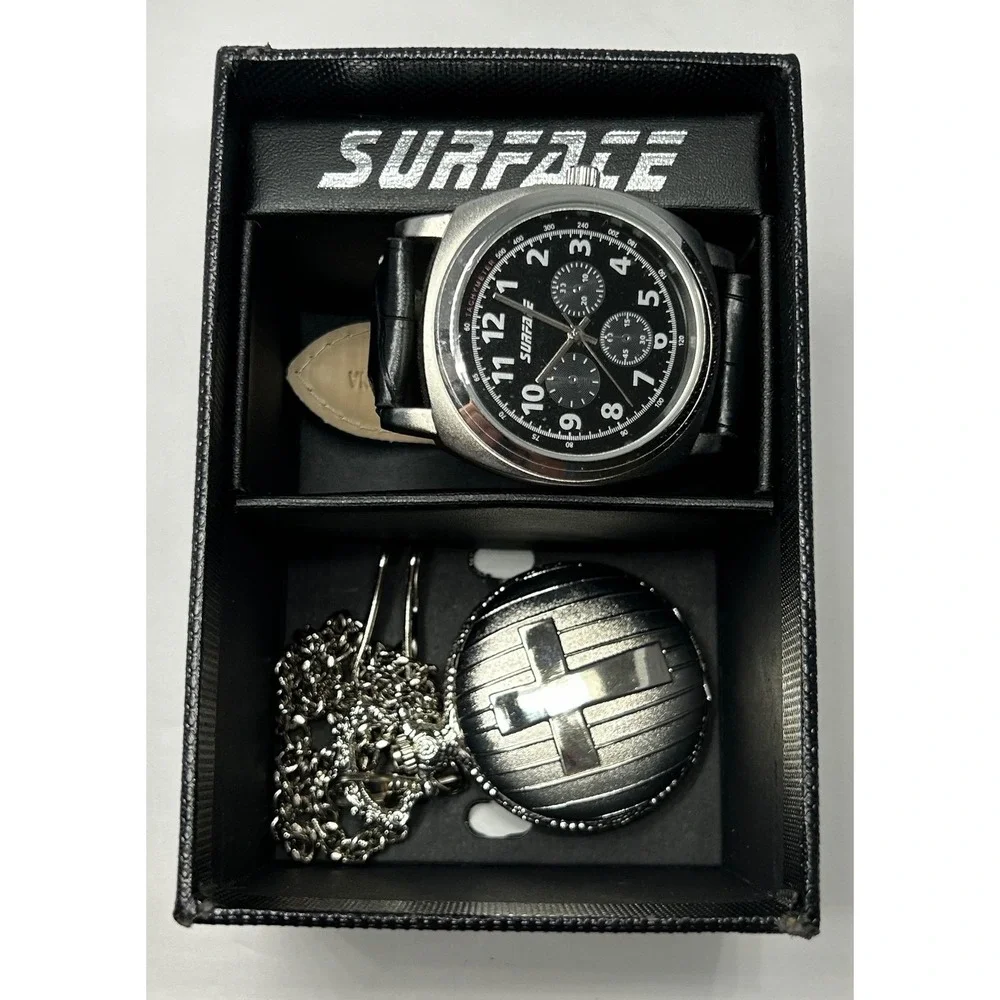 Surface Men's Watch & Pocket Watch Set Black Leather Band Tachymeter Cross New
